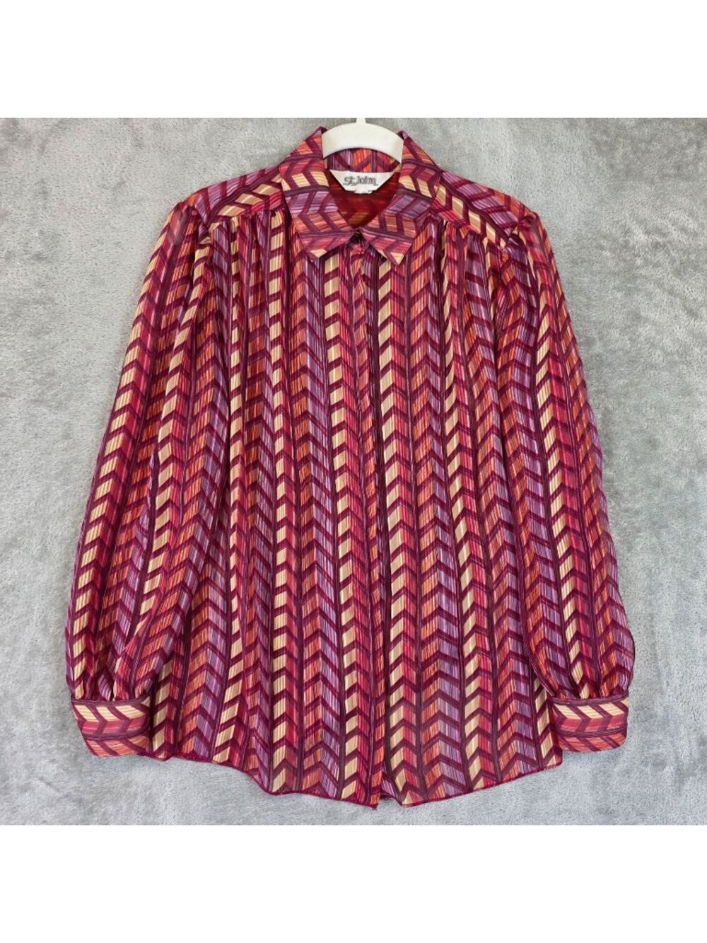 Vintage St. John Blouse Womens 12 Red Collared Long Puff Sleeve Sheer Geometric